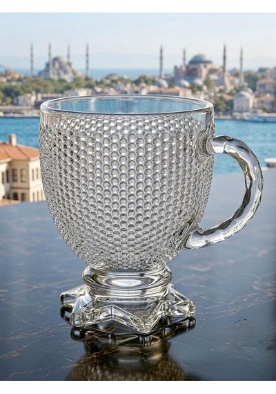 Tr 6'li Cam Çay Fincanı Seti 210 Ml Yıldız Ayaklı Kendinden Desenli Kulplu Çay,kahve Fincanı Takımı Şeffaf Genel
