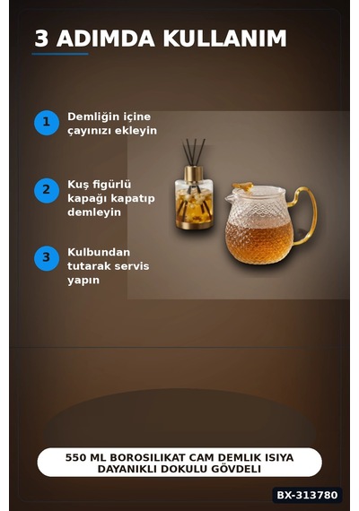 550 Ml Borosilikat Cam Demlik Isıya Dayanıklı Dokulu Gövdeli Kapaklı Detay Bx-313780 çok renkli