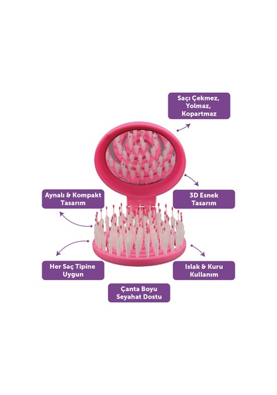 Beauty Makaron Extension Saç Fırçası - Kaynak Saçlara Özel, 3d Esnek, Aynalı, Çanta Boy Pastel Neon Pembe