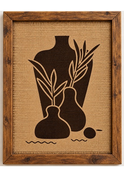 Bohem Jüt Kumaş Duvar Tablosu - El Yapımı Minimalist Vazo Ve Yaprak Desenli Rustik Hasır Poster