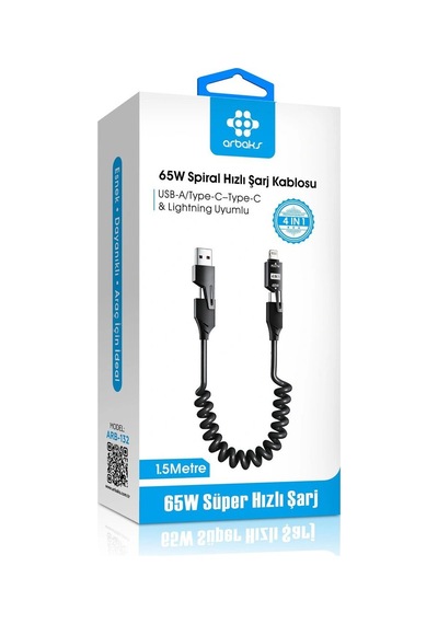 Bezos 65w 4 Ü 1 Arada Spiral Şarj Kablosu, 1.5 M Arb-132 Pro Standart