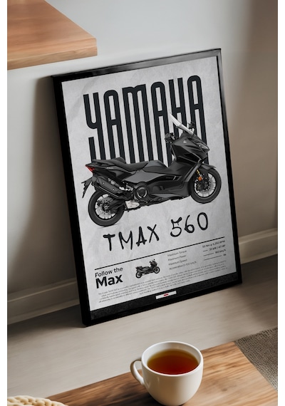 Tmax 560 Siyah Ahşap Çerçeveli Poster, Dekoratif Motosiklet Duvar Tablosu