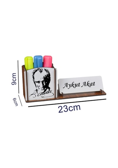 Atatürk Silüetli Ahşap Masaüstü İsimlik Ve Kalemlik Seti - Kişiye Özel Ofis Hediyesi Kahverengi