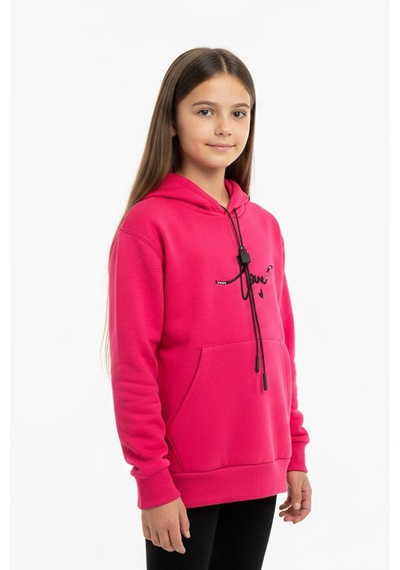 Kapşonlu Love Baskılı Kanguru Cepli Kız Çocuk Sweatshirt-90857 Fuşya