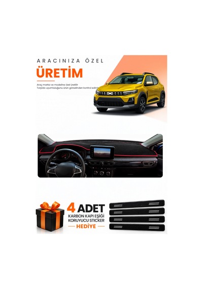Dacıa Sandero 2022-2026 Ekranlı Uyumlu Torpido Koruma Örtüsü Oto Kılıfı - Siyah Kırmızı