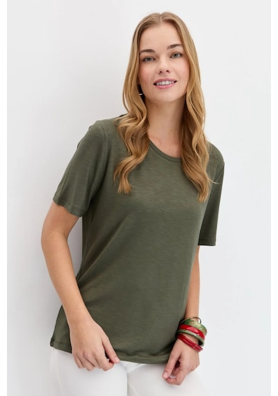 Desen Triko Kadın Sıfır Yaka Flamlı Kumaş Penye T-shirt Kmy24084 Haki