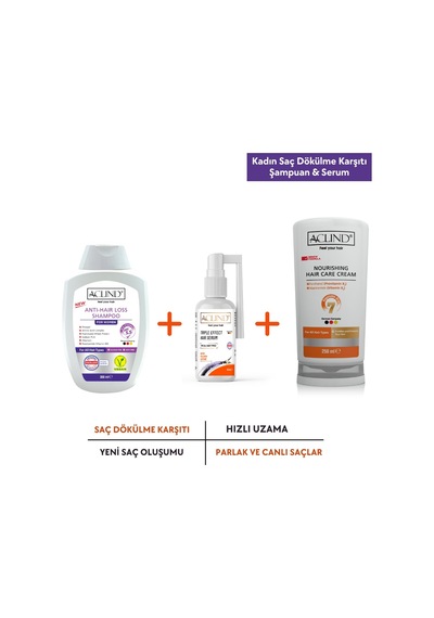 Aclind Kadın Saç Dökülme Karşıtı Şampuan 300 ML + Saç Kremi 250 ML + Serum 50 ML