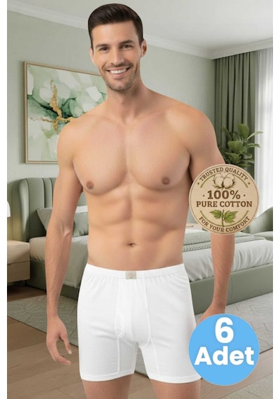 Uniquetrenders Erkek %100 Pamuklu 6'lı Süprem Kumaş Penye Boxer Beyaz