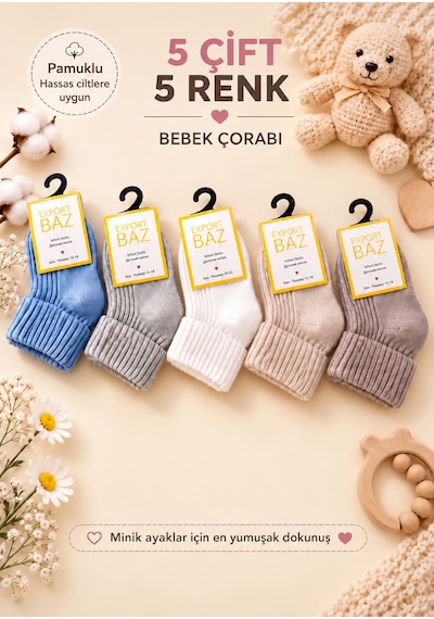 Baz Export 5'li Erkek Bebek Kıvrık Çorap Mavi