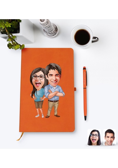 Kişiye Özel Sevgililer Karikatürlü Turuncu Termo Deri Defter Kale N11.2260