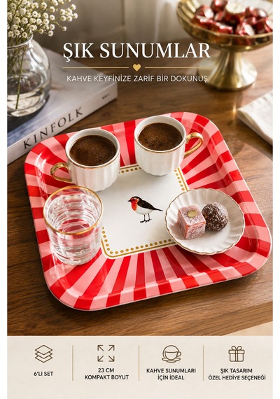 6 Lı Metal Sunum Tepsisi Seti 23 Cm Kırmızı Pembe Desenli Çay Kahve Servis Tepsisi Pembe - 914026626 Pembe
