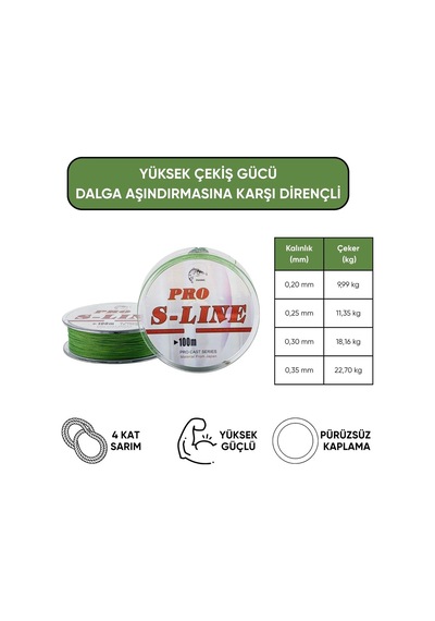 İp Örgü Misina - 4 Kat - Pro S-line - 100mt - 0.30mm - 18,16kg Çeker 38266371