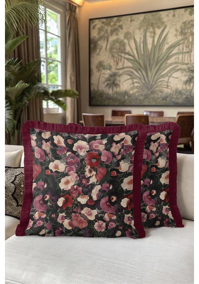 Çiçekli Bahar Tasarımlı Saçaklı Yastık Kılıfı - Romantik Floral Siyah Bordo Püsküllü Kırlent Kılıfı Puslu Düş Mira Çiçekli Bahar Tasarımlı Saçaklı Yastık Kılıfı - Romantik Floral Siyah Bordo Püsküllü Kırlent Kılıfı Puslu Düş Mira