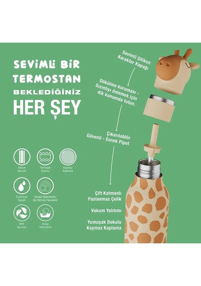 Asobu Bestie Bottle - Giraffe Yalıtımlı Paslanmaz Çelik Su Şişesi, Pipetli, 460ml Çok Renkli