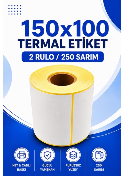150x100mm Termal Etiket 2 Rulo 250 Sarım Ribonsuz Kargo, Lojistik, Depo Yapışkanlı 1