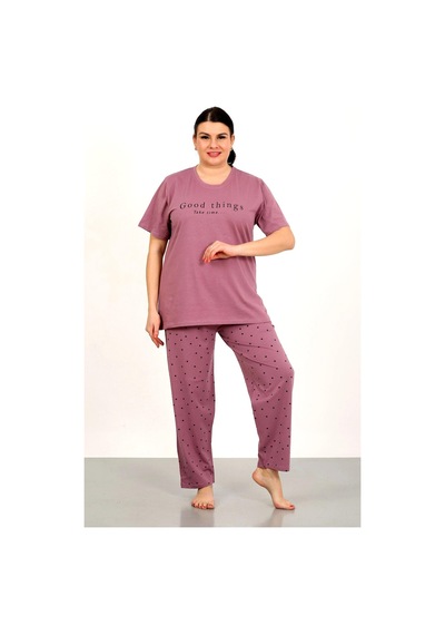 Nisanca %100 Pamuk Büyük Beden Kısa Kol Kadın Pijama Takımı Bordo