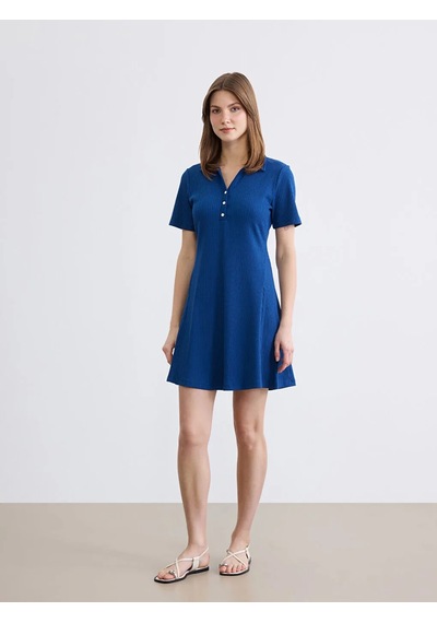 Lc Waikiki Lacivert Polo Yaka Fitilli Peplum Mini Elbise