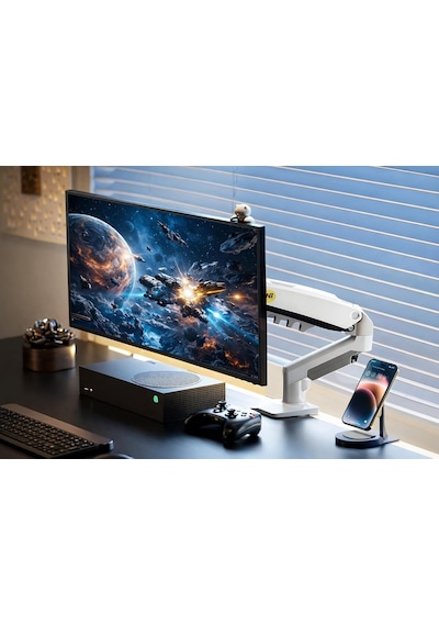 Nb F80-xe Beyaz Ergonomik Monitör Standı 17-30 İnç Amortisörlü Gazlı Yay, 2-9 Kg, Vesa 75x75 / 100x100