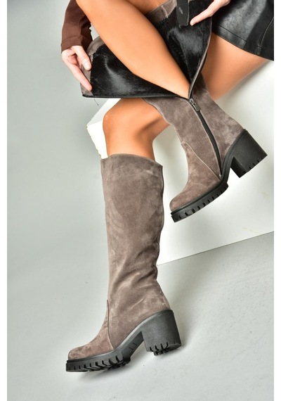 Fox Shoes R654047702 Füme Hakiki Deri Süet Kalın Topuklu Kadın Çizme Füme