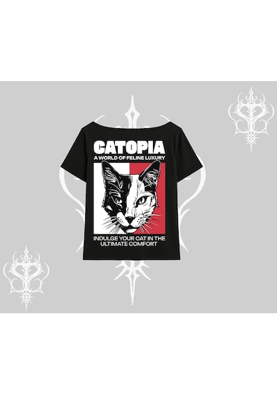 Tarzsokak Modern Kedi Temalı Arka Baskılı Kayık Yaka Tshirt Siyah