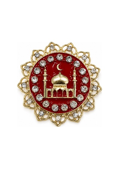 Kırmızı Mineli Camii Motifli Zirkon Taşlı Kadın Broşu Özel Tasarım Hediye Açık Gri