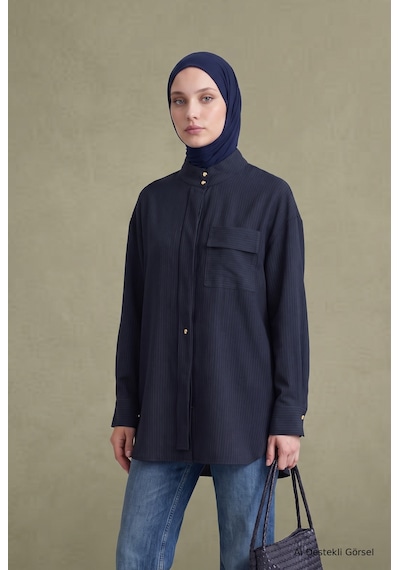 Avenna Dik Yaka Uzun Form Cep Detaylı Tunik 81 Cm Boy Lacivert 26kt434