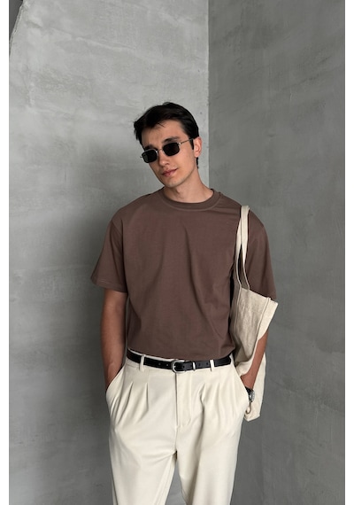 Hyman Erkek %100 Pamuk Oversize Basic T-shirt Kahverengi