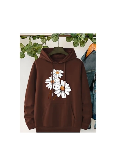 Medinenur Papatya Baskılı Kapüşonlu Sweatshirt Kahverengi
