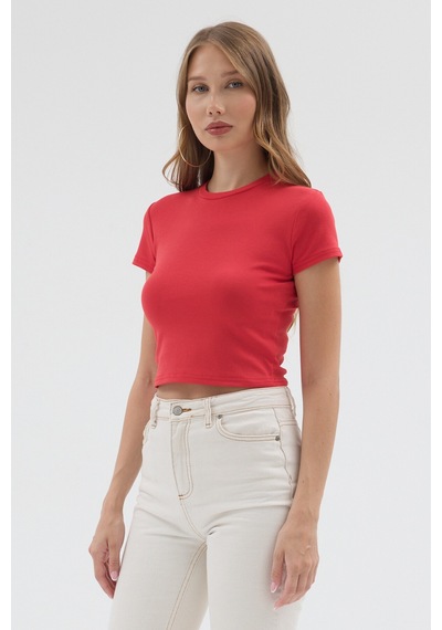 Urbantrendstore Kadın Bisiklet Yaka Likralı Kısa Kol Body Crop Bluz Günlük Şık Sade Yazlık Casual Crop Kadın Crop Kırmızı