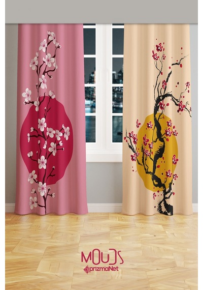 Blossom Japan 1 Desenli Süet Oturma Odası Salon Fon Perde Baskılı Ekstrafor Büzgü 2 Kanat Prd-1106 Çok Renkli