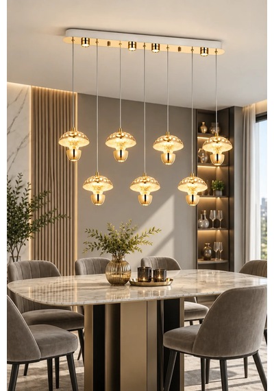 Modern Premium Gold 7'li 3 Renkli Ledli Sarkıt Avizesi Uzun Mutfak Yemek Masası Üstü Modelleri 30w