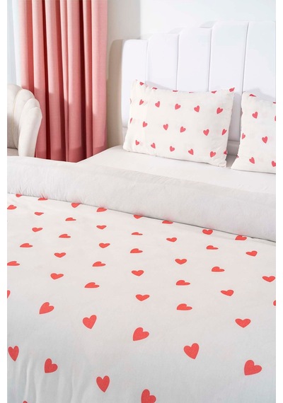 Çift Kişilik Nevresim Takımı Pamuklu Desenli Kırmızı Kalpler 200x215 Cm Beyaz - Kırmızı