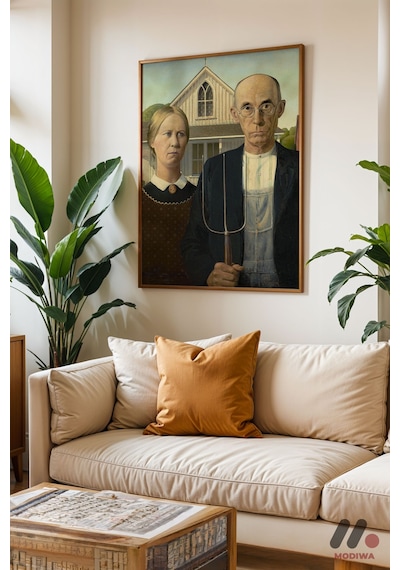 Grant Wood American Gothic, Ahşap Çerçeveli Duvar Tablosu - Sanatsever Hediyesi