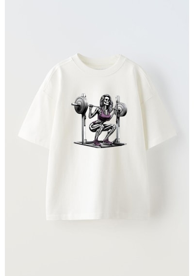 Thewert Unisex Agırlık Calısan Kurukafa Tasarım Baskılı Pamuk Beyaz Oversize T-shirt