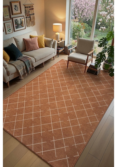 Malta Mlt01t Turuncu Dekoratif Şönil Kilim Geometrik Desen Yıkanabilir Yumuşak Kaymaz Taban Halı