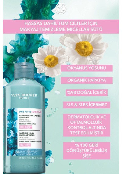 Yves Rocher Yüz&makyaj Temizleme Micellar Sütü-hassas Dahil Tüm Cilt-pure Algue Sensitive Botanik Kompleks 400ml