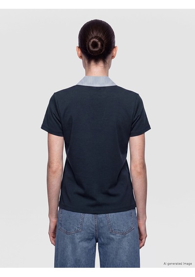 Lcw Comfort Lacivert Polo Yaka Çizgili Kadın Tişört