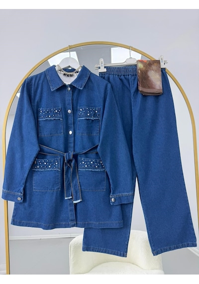 Lovie Moda Kadın Taş İşlemeli Kapaklı Pantolonlu Takım - Koyu Mavi Lacivert