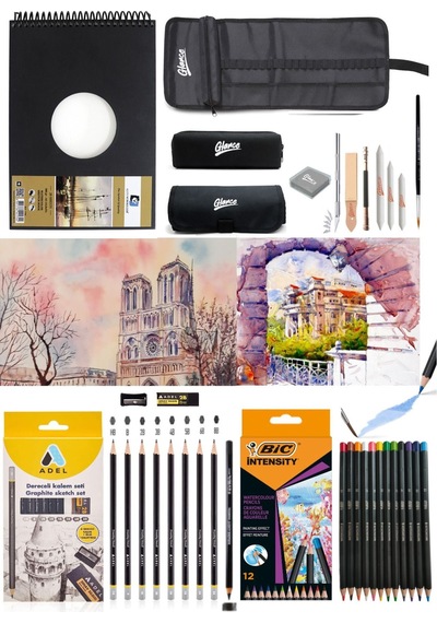 Alex Schoeller A5 300 Gr Adel Dereceli Kalem Seti 8'li Bic Aquarelle Kuru-suluboya Kalemi 12 Renk