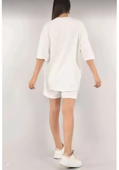 Unisex Nakış İşlemeli Şort Takım - Beyaz Beyaz