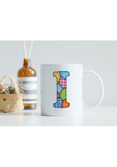 I Harfi Renkli Yamalı Tasarım Kupa Bardak - Bohem Patchwork Desenli Kupa - Etnik Hediyelik Beyaz