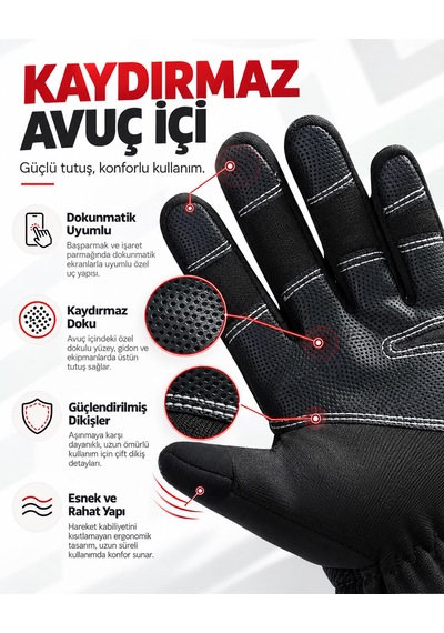 Assamoto Su Ve Rüzgar Geçirmez Softshell Unisex Siyah Renk Scooter, Bisiklet-motosiklet Eldiveni Dokunmatik Özellikli Kışlık Eldiven