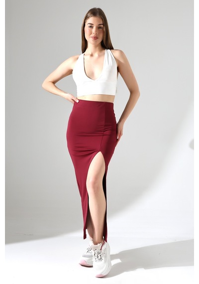 Winmoda34 Kadın Önden Derin Yırtmaçlı Dalgıç Etek Full Likralı Maxi Boy 92 Cm Bordo