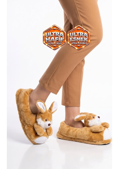 Akınalbella Sıcak Tutan Tavşan Desenli Camel Unisex Ev Terliğ Panduf H025.z.0000