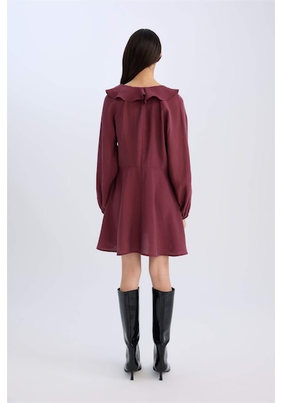 DeFacto V Yaka Basic Düz Modal Uzun Kollu Mini Elbise E4213AX24WNBR98 Bordo