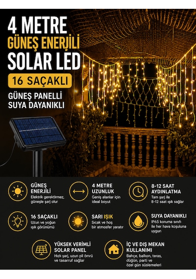 Güneş Enerjili Saçak Led 4 Metre 16 Saçaklı Işık Ip Perde Sarkıt Solar Panelli Gün Işığı