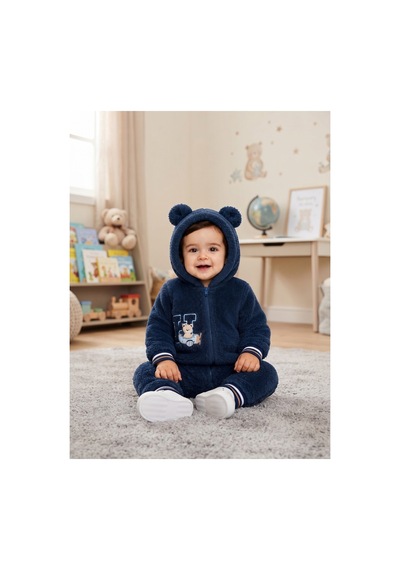Chicsy Baby Tatlı Pilot Ayıcık Nakışlı Bebek Welsoft Tulum Kapüşonlu Kulaklı Fermuarlı Kışlık Peluş Tulum Lacivert