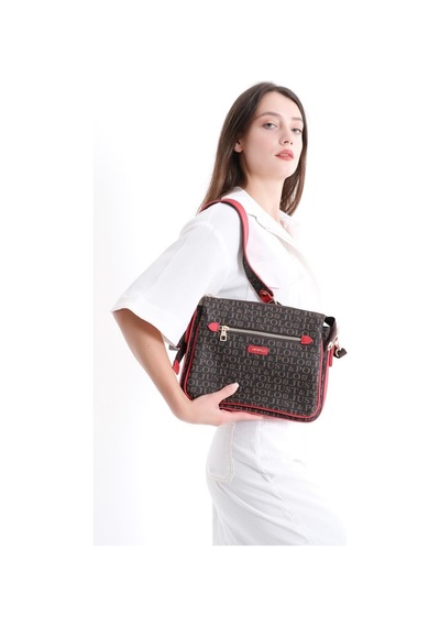 Just Polo Lüks Tasarım Kadın 3 Gözlü Çapraz Postacı Ve Omuz Çantası 29x20cm Kahverengi Kırmızı