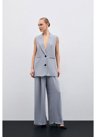 Sateen Yüksek Bel Bol Paça Pantolon - Gri-135632 Gri