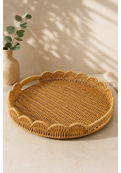 Büyük Boy Yuvarlak Hasır Tepsi Servis Sunum Tepsisi Organizer Düzenleyici 35cm Açık Sarı